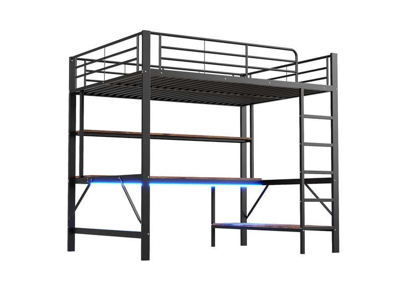  Lit mezzanine blanc 140x200 cm avec bureau, led, usb, prise et étagères  - Conforama E