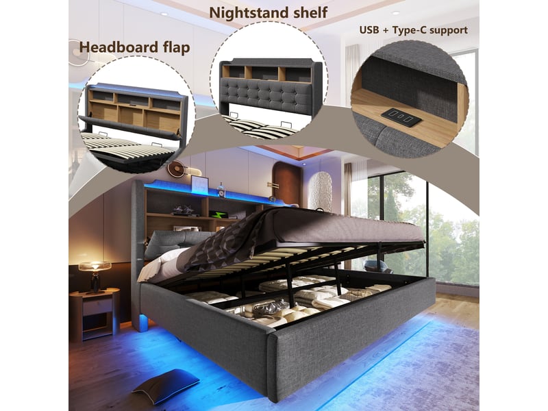  Lit capitonné 180 × 200 cm, gris, sans matelas, led, coffre hydraulique, usb type-c, lin  - Conforama E