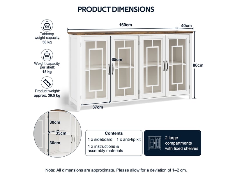  Buffet de cuisine 160x40x86 cm à portes vitrées, plateau effet bois rétro, mdf blanc  - Conforama E