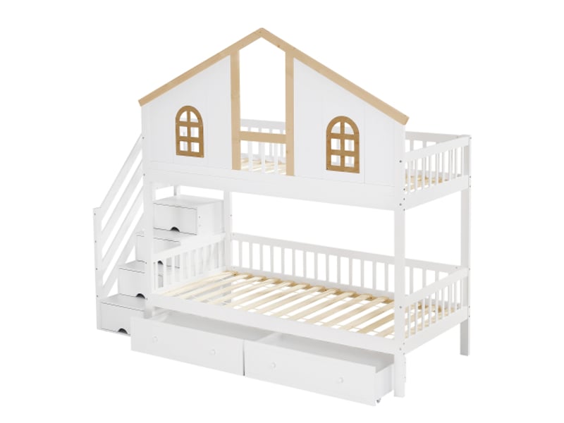  Lit superposé 90x200 cm, lit enfant, fenêtre, 2 tiroirs à roulettes, échelle inclinée 4 niveaux avec tiroirs, blanc et naturel  - Conforama E