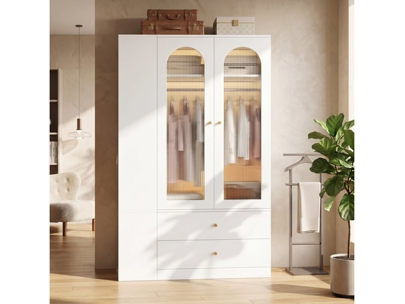  Armoire 2 portes vitrés 120x50x200 cm avec 4 tiroirs et 2 penderies homvra  - Conforama B
