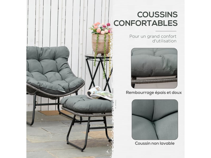  Fauteuil de jardin avec repose-pieds en résine tressée et métal noir avec coussins  - Conforama E