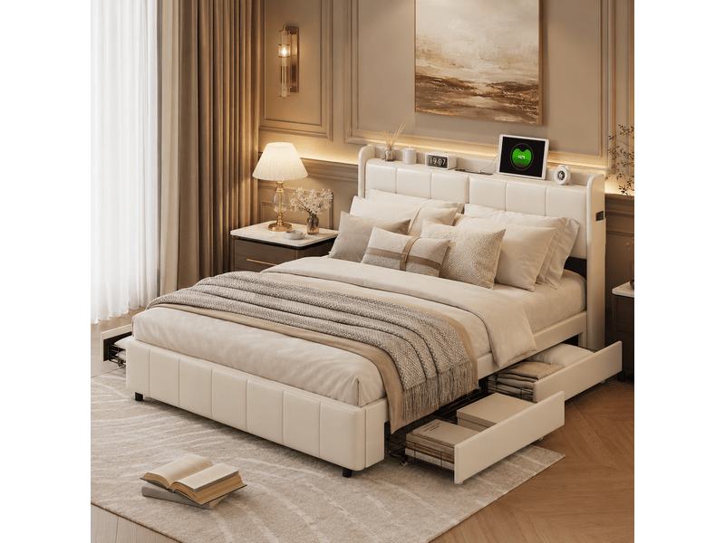 Lit 160x200 avec sommier et rangement,cadre de lit avec charge usb, lit double capitonné avec 4 tiroirs, facile à assembler, pu, sans matelas, blanc - Conforama R