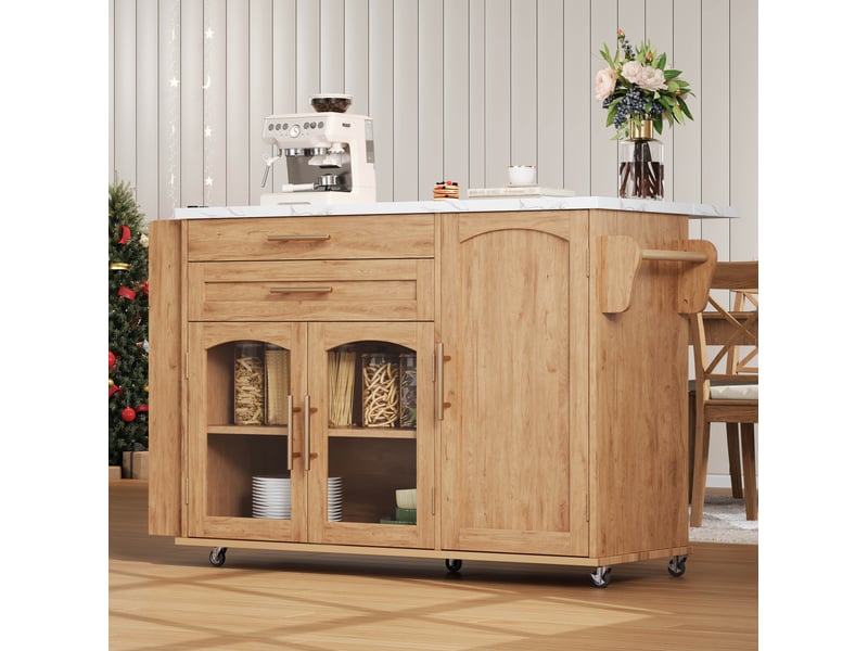 Îlot de cuisine mobile 138x70x90 cm plateau rabattable mdf naturel - Conforama E