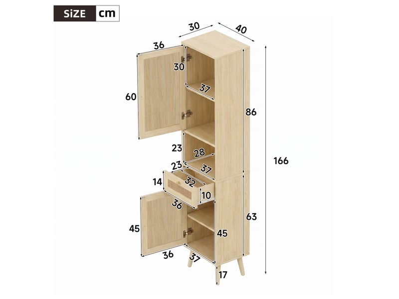 Colonne de salle de bains bois naturel, 40 × 30 × 166 cm, mdf, façades effet rotin, éléments en verre, fermeture douce - Conforama B