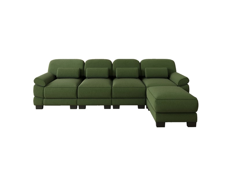  Canapé modulable en l 4 places 336x161x94 cm avec pouf, assise profonde, combinaison flexible, tissu côtelé vert  - Conforama A