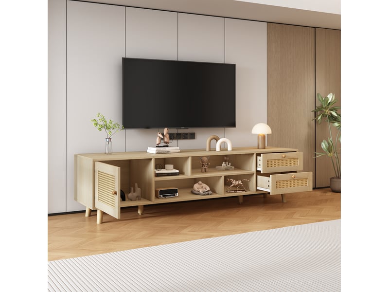  Meuble tv modenvie avec rangement 160 x 39 x 40 cm en panneaux de particules et rotin chêne clair  - Conforama D