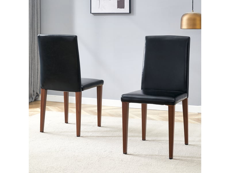 Chaises de salle à manger lot de 2, chaises en cuir pu noir avec pieds en métal aspect noyer, dossier 47 cm, style minimaliste. - Conforama B