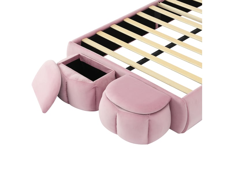 Lit enfant 90 x 200 cm en velours rose avec oreilles de lapin, led et 2 poufs Fay Lum - Conforama E