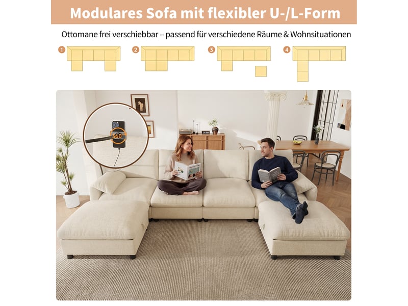 Canapé modulaire 6 places en chenille beige, canapé d’angle en u ou en l avec deux poufs de rangement et ports usb type-c - Conforama W