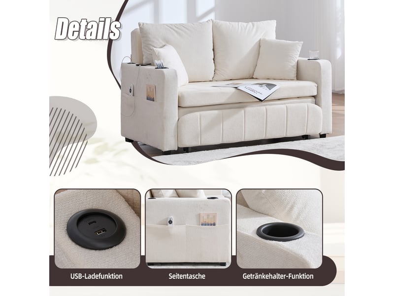  Canapé-lit 2 places convertible en tissu chenille, 4 coussins inclus, poches latérales, porte-gobelets, mousse haute densité, beige  - Conforama E
