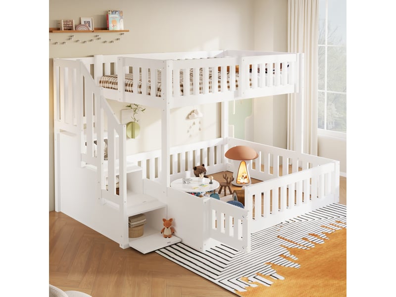 Lit superposé bas 90x200+140x200 cm, escalier rangement, 3 marches barrières, pin mdf blanc sans matelas  - Conforama D
