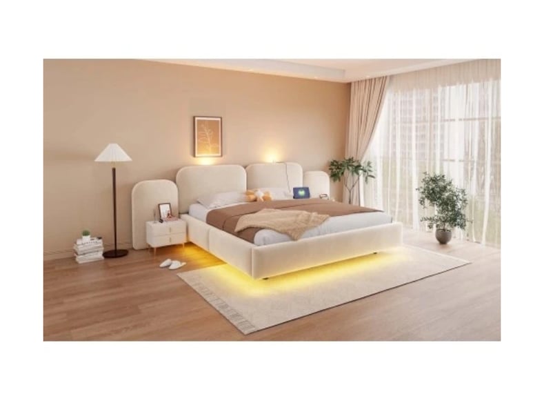  Lit capitonné 180×200 cm, rangement hydraulique, bandeau led, ports de charge, sommier à lattes stable, velours beige  - Conforama D