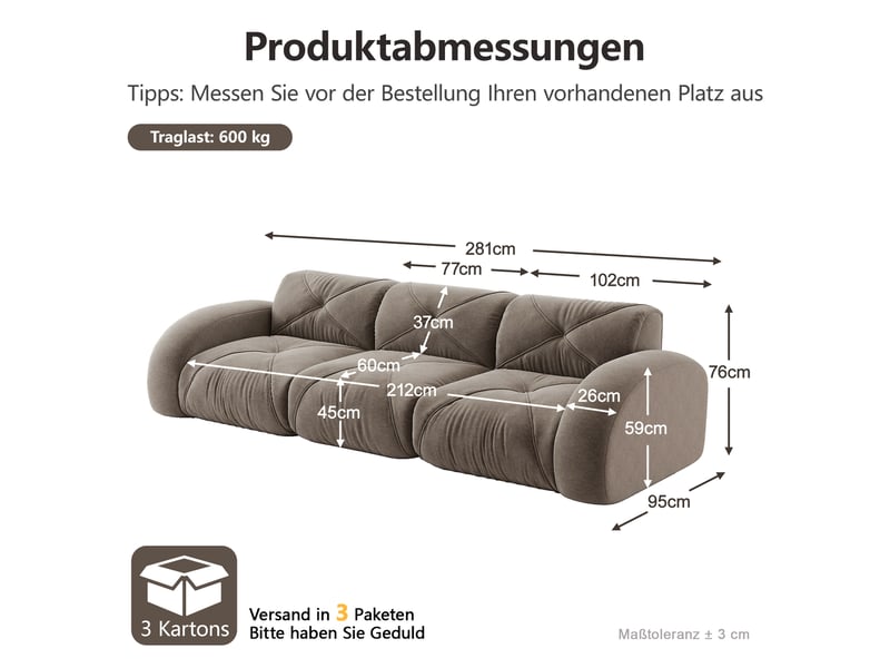  Canapé modulable 3 places sans dossier en tissu chenille taupe, grand salon moderne antidérapant 281x95x76 cm  - Conforama C