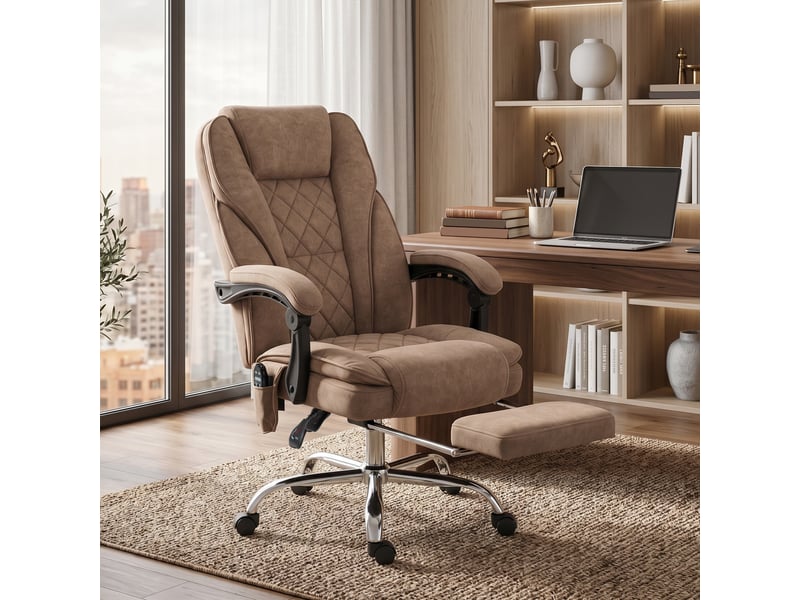  Fauteuil de bureau ergonomique avec fonction massage, repose-pieds, pivotant, roulettes, marron  - Conforama C