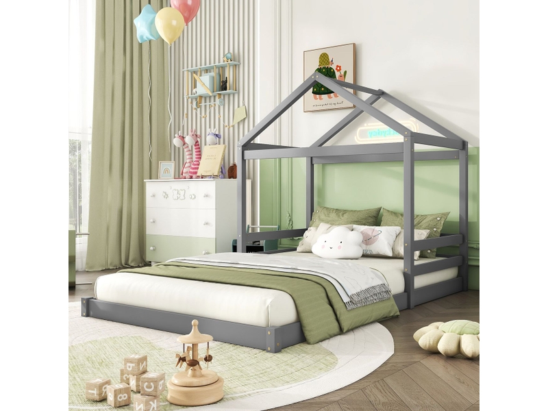  Lit cabane enfant 140x200cm gris bois de pin avec sommier - lit enfant - forme maison design minimaliste robuste sans matelas  - Conforama B