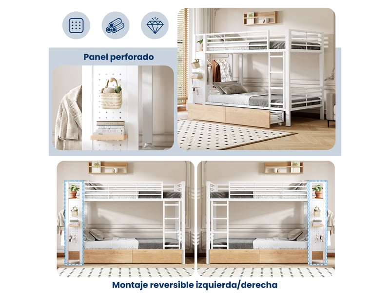  Lit superposé 2 places 90×200 cm avec tiroirs, étagères et éclairage led - okmyhome- blanc, sans matelas  - Conforama E