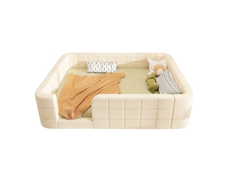 Lit enfant bas 140x200 cm, en tissu chenille rembourré, avec contour rembourré et entrée, avec sommier à lattes inclus, matelas non inclus, beige Luxe haut de gamme - Conforama A