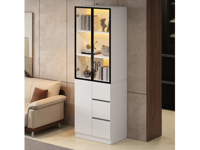Buffet 60x40x180 cm avec portes, cadre en aluminium, éclairage led contrôlable, panneau de particules, coloris blanc - Conforama D