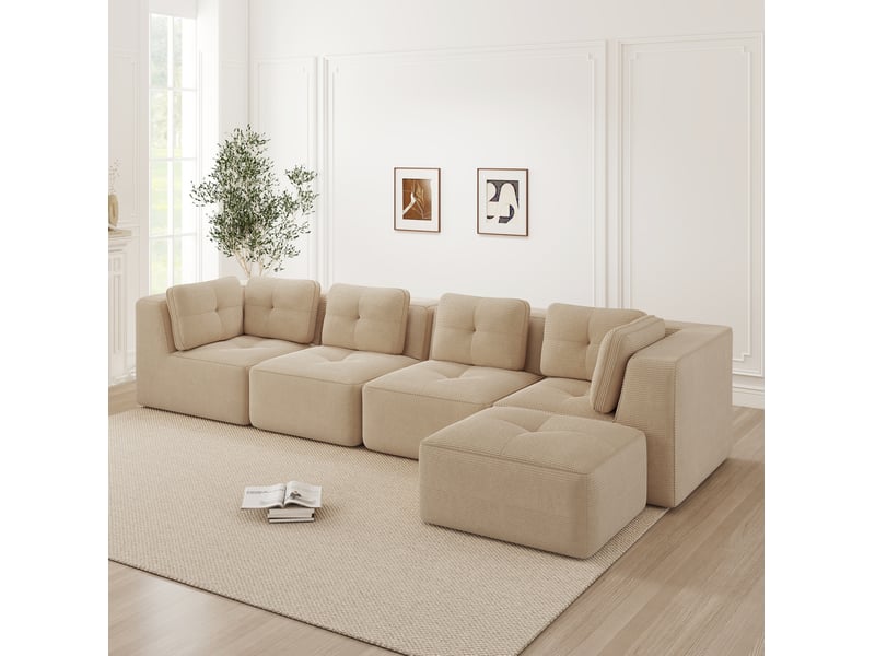  Canapé d’angle modulable 4 places en velours côtelé beige - 386 x 177 x 69 cm  - Conforama D