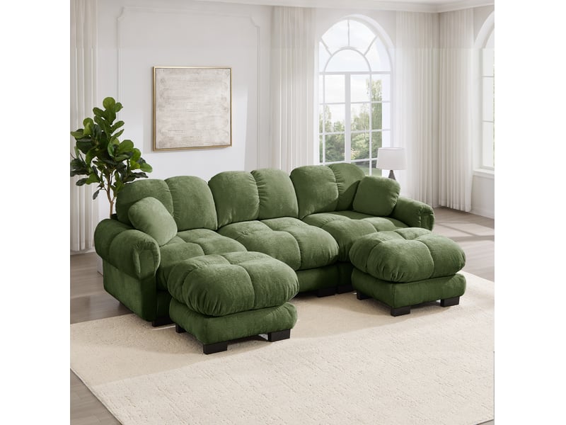  Canapé modulable 260x149x90cm, 2 coussins, ottomane déplaçable, canapé familial confort, bureau, canapé salon, chenille, vert  - Conforama D
