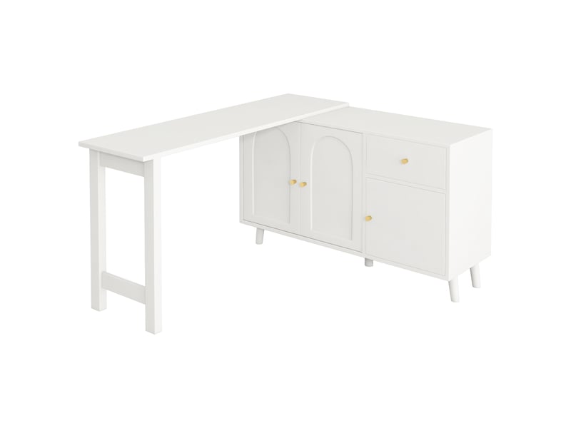  Bureau d'angle pivotant 360°, bureau et buffet 2 en 1 avec 3 portes et 1 tiroir. Bureau informatique blanc élégant pour salon et chambre.  - Conforama W