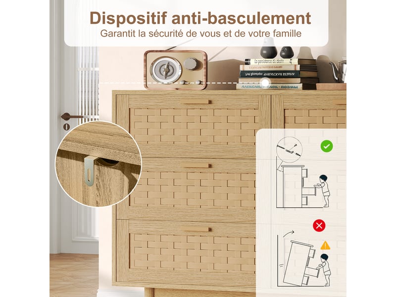 Commode en rotin et bois avec 6 tiroirs,buffet, meuble de rangement,couleur chêne,chambres, mdf,115 x 40 x 80 cm - Conforama D