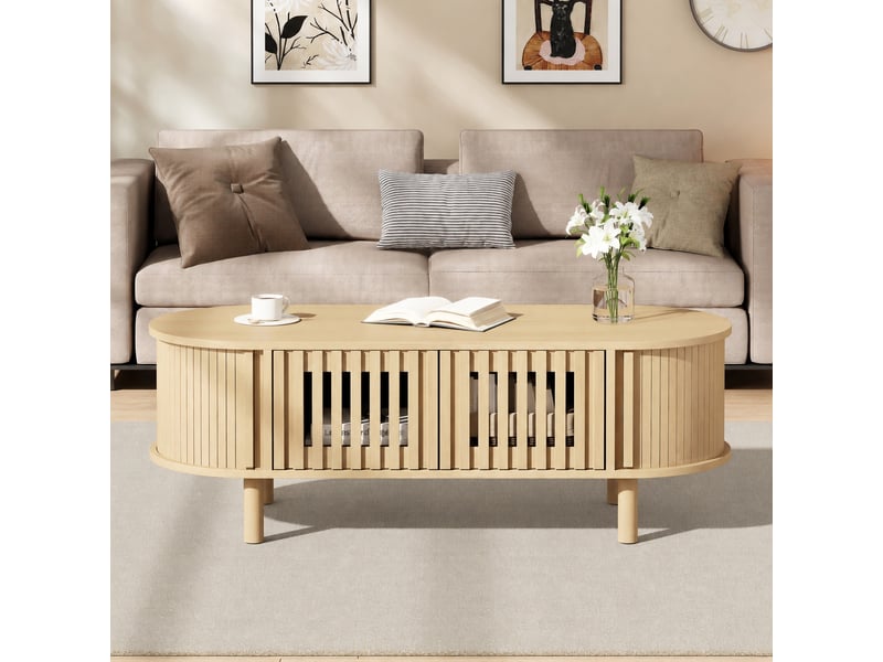  Table basse ovale avec rangement, 2 portes à lattes et porte coulissante, 100 x 40 x 38 cm, bois clair  - Conforama D