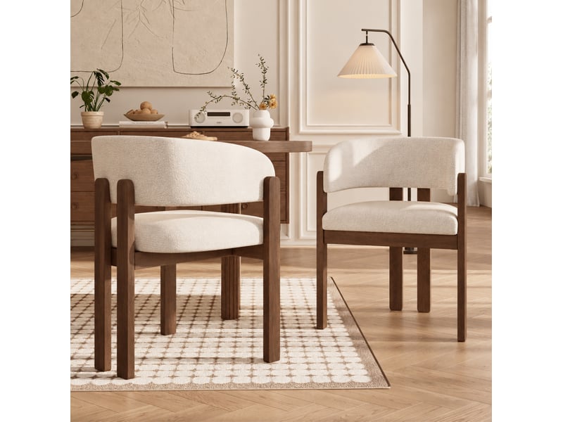  Chaise de salle à manger lot de 2 avec accoudoirs et dossier incurvé pour salon en bois et tissu bouclé beige et noyer  - Conforama D