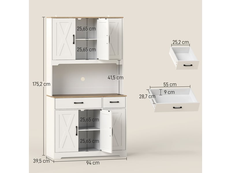 Buffet de cuisine avec 6 portes plan de travail pour micro-ondes 2 tiroirs étagères réglables et passe-câble blanc - Conforama C