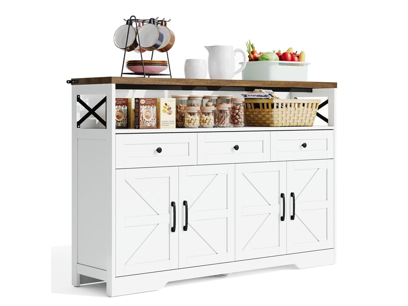  Buffet 140x35x95 cm avec rangement spacieux, 3 tiroirs et 2 portes, design rustique moderne, mdf, marron et blanc  - Conforama A