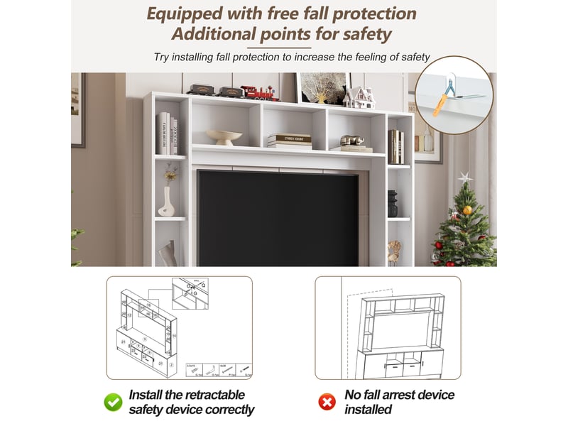  Meuble tv mural avec 2 portes, 2 tiroirs et 11 niches, anti-basculement pour salon en panneaux blancs 180×35×170 cm  - Conforama E