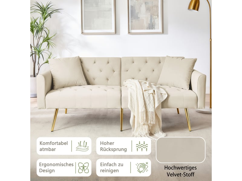 Canapé convertible 2 places avec dossier réglable - assise ergonomique, 2 coussins, pieds en métal - velours beige - Conforama E