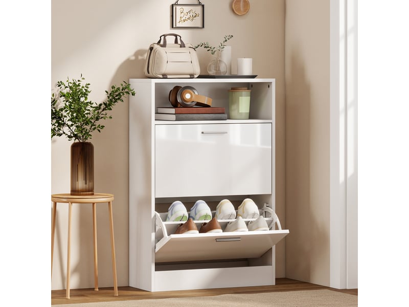  Meuble à chaussures 8 paires, armoire à chaussures, 2 tiroirs rabattables, étagères réglables et compartiment, blanc  - Conforama C