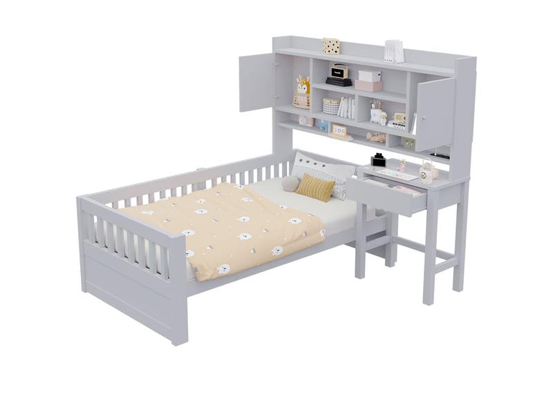  Lit simple enfant 90 x 200 cm avec bureau à tiroirs, rangements en hauteur, éclairage led, prise et garde-corps, bois massif, gris Morn Vibe - Conforama A