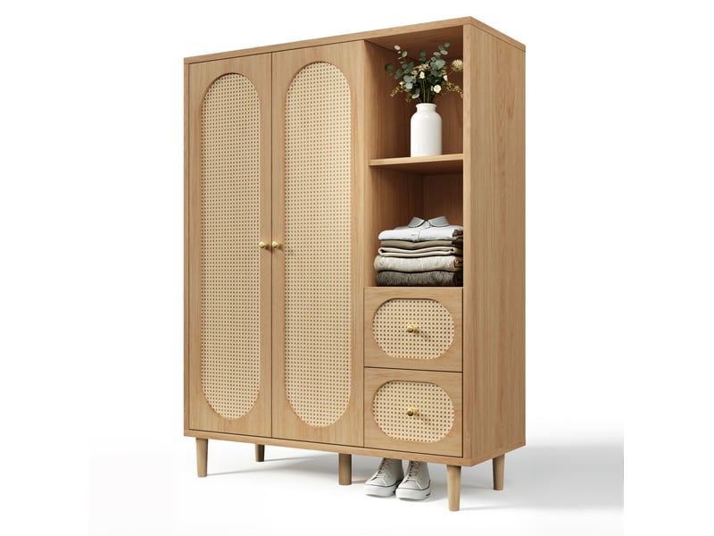  Armoire penderie 120x48x161 cm – chêne – 2 portes, 2 tiroirs, étagères ouvertes avec tringle en bois  - Conforama A