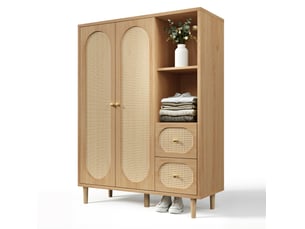 Armoire penderie 120x48x161 cm – chêne – 2 portes, 2 tiroirs, étagères ouvertes avec tringle en bois