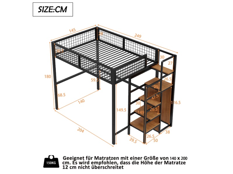  Lit mezzanine 140x200 cm escalier 5 niveaux, mdf et métal, noir et brun, sans matelas  - Conforama C