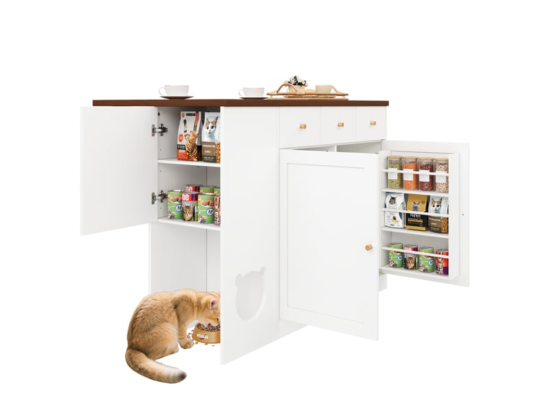  Îlot de cuisine avec plateau extensible et espace, meuble de rangement avec tiroirs et étagères, blanc et noyer, 120cm  - Conforama A