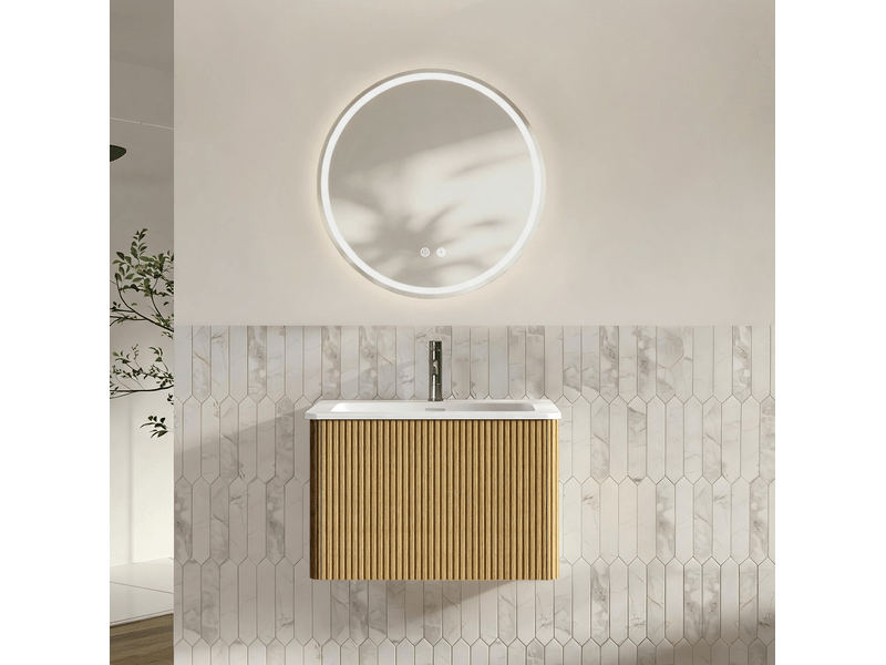 Meuble sous vasque suspendu avec tiroir, vasque intégrée et miroir led, chêne, pour salle de bain 61 × 46,5 × 37 cm - Conforama B