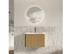 Meuble sous vasque suspendu avec tiroir, vasque intégrée et miroir led, chêne, pour salle de bain 61 × 46,5 × 37 cm