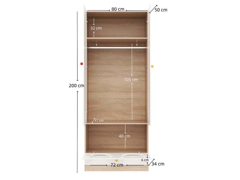  Armoire enfant 2 portes avec penderie, étagères et tiroirs, bords arrondis, en mdf blanc et naturel, 80 × 50 × 200 cm  - Conforama D