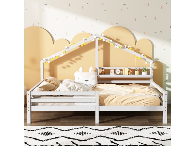  Lit cabane 90x200 cm, lit enfant avec étagère de rangement, en bois, blanc, sans matelas  - Conforama C