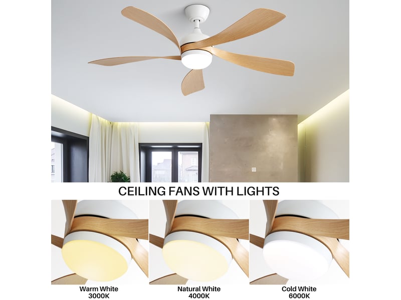  Ventilateur de plafond moderne en abs, 132 cm, led 3 couleurs, télécommande, moteur dc réversible, blanc et bois  - Conforama D