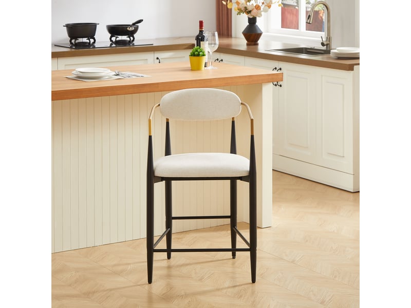 Tabouret de bar lot de 2 avec accoudoirs, dossier rembourré et pieds réglables, en tissu beige, noir et doré - Conforama C