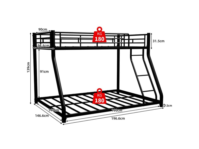  Lit superposé 90x190 et 140x190 cm métal noir robuste silencieux - lit double - avec échelle, barrières de sécurité, gain d'espace  - Conforama C