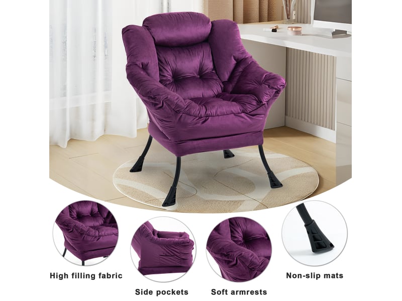  Fauteuil de relaxation violet avec structure métal et poche latérale, 75 × 80 × 85 cm, pour lire et se reposer  - Conforama E
