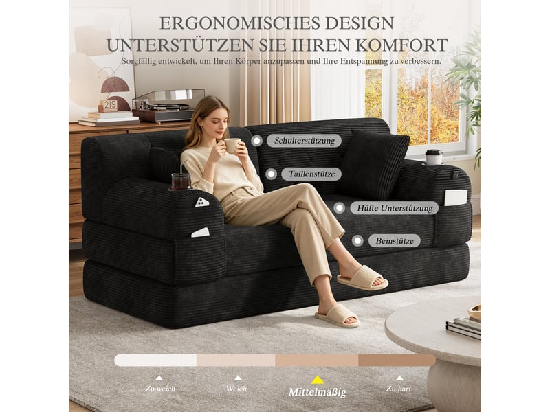  Canapé convertible 2 places en velours côtelé noir 168x80x81 cm W2845S00465 - Conforama E