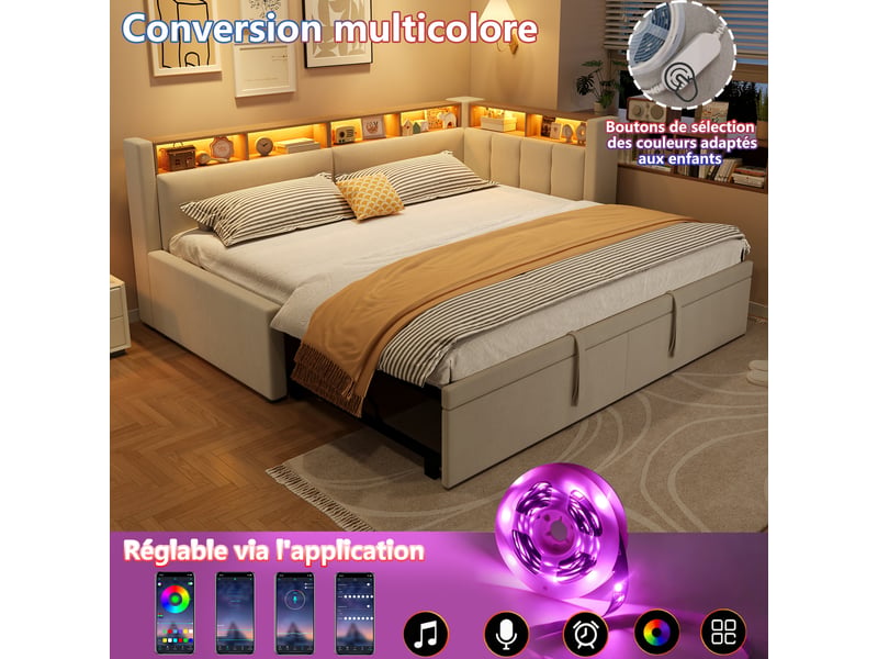Canapé-lit 90 x 200 cm 180 x 200 cm – avec lit gigogne – avec éclairage led – revêtement en lin – beige (matelas non inclus) - Conforama W