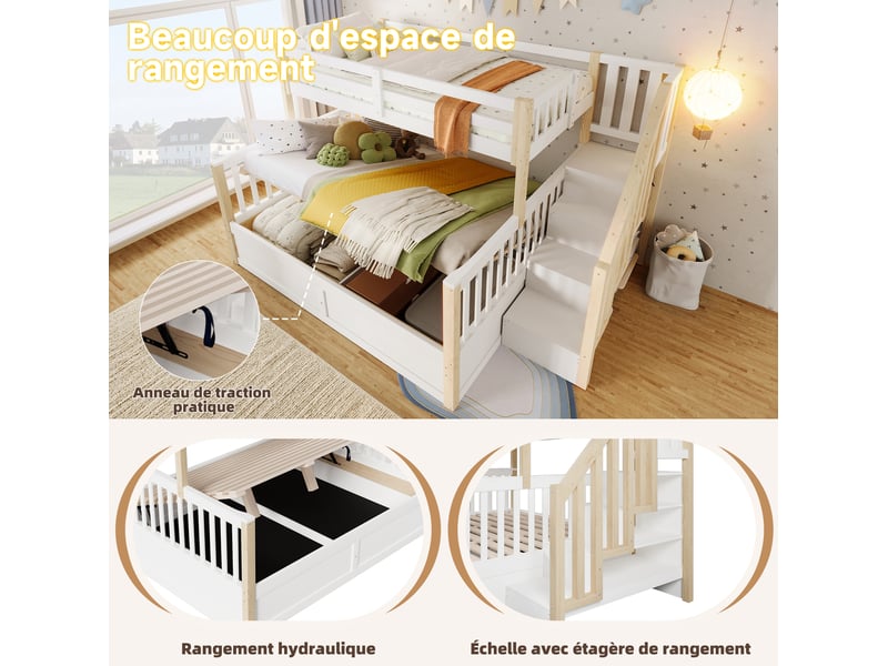  Lit superposé 90x200 et 140x200 cm, escalier de rangement, coffre hydraulique, pin et mdf, blanc et naturel sans matelas  - Conforama E